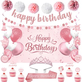 Roetyce Rose Gold Birthday Decorations for Women, Pink Happy Birthday Sash & Crown Banner Backdrop Balloons Hanging Swirls Cupcake Topper Kit, Girls Bday Party Backdrop Background