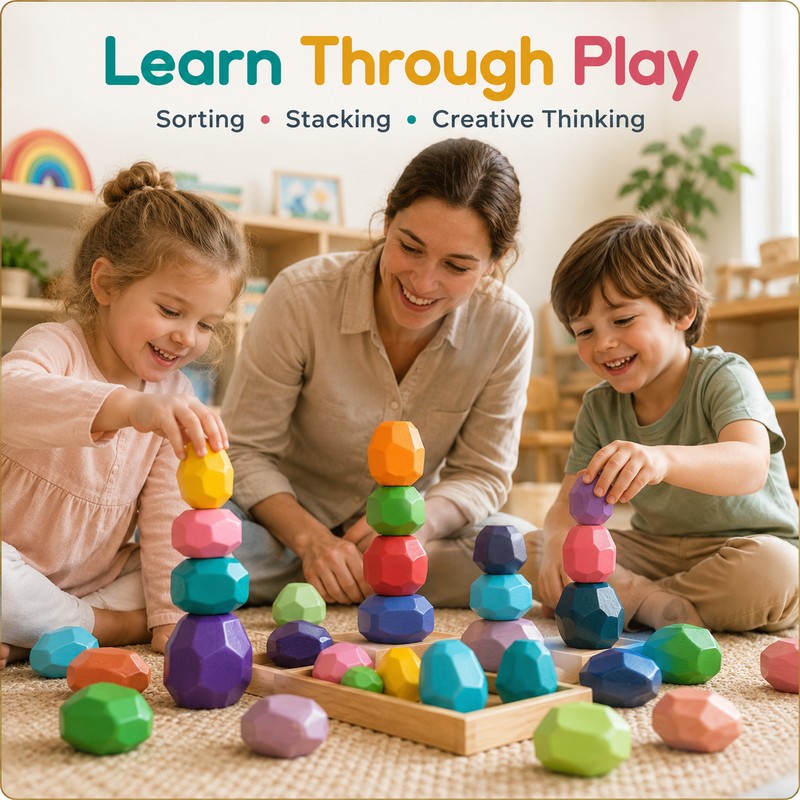 Montessori-Inspired Wooden Stacking Stones for Kids – Natural Wood Balance