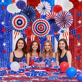 July 4th Patriotic Party Decoration Set, Fourth of July Red White Blue Paper Fans, USA American Flag Pennant, PomPomPoms Flower, Foil Tassel Curtains, Star Ribbon, Independence Day Party Supplies-01
