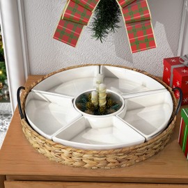 Ceramic Serving Tray, Food Tray 15.5 x 15.5 Inches,Divided Serving Platter with 6 Removable Dishes, Portable Handle Cattail Serving Bowls,Perfect for or Chips and Dip,Natural