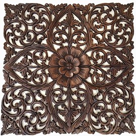 Rustic Wood Wall Decor. Large Carved Wood Plaque. Decorative Lotus Floral Wood Wall Panel.Oriental Home Decor. 24"Square (Dark Brown)