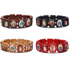 4pcs Wooden Jesus Virgin Mary Bracelet Saints Rosary, Stretchable Wooden Small Panel Bracelet, with Images of Religious Saints Jesus Gift for Men & Women