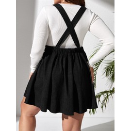 WDIRARA Women's Plus Size Criss Cross Corduroy Overalls Flare Hem Pinafore Short Dress Black 2XL
