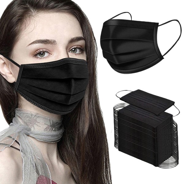 NNPCBT Black Disposable Face Masks 50PCS 3 Ply