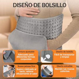 Manta Termica Fisioterapia, Compresa Caliente Electrica, Heating Pad con 12 Parches Lumbares, Cinturón/Bolsillos Ajustables, 10 Niveles Calor, 4 Temporizadores, Plegable, Lavable Máquina
