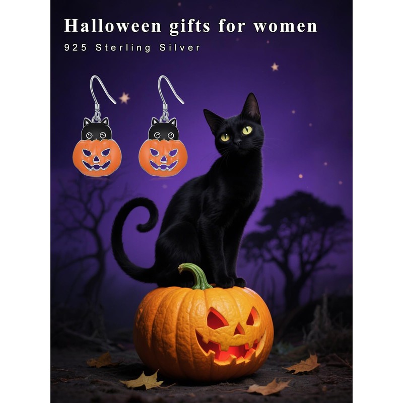 Pumpkin Earrings for Women 925 Sterling Silver Cat Halloween Dangle
