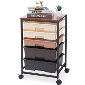 SYKIARIOL Utility Cart with 5 Drawers,Storage Drawer Cart with Wooden Tabletop and Lockable Wheels,Craft Storage Trolley Cart,5-Tier Rolling Utility Cart on Wheels,Dark Brown