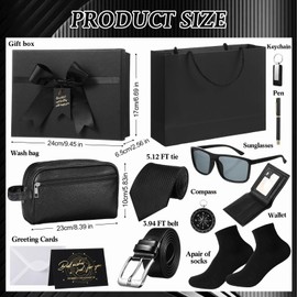 Geyoga 12 Pcs Men Birthdays Gift Set with Box for Men Dad Basket PU Leather Wallet Leather Toiletry Bag Tie Socks Belt Keychain Sunglasses Pen Compass Set(Black)