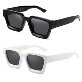 [SHEEN KELLY] Retro Square Sunglasses for Men Women Vogue Thick Rectangle Chunky Frame Black Shade Way 90s Glass, 12