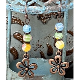 Copper Funky Flower Earrings with Glass Beads. Jewelry Earrings for Women #3298FE3341
