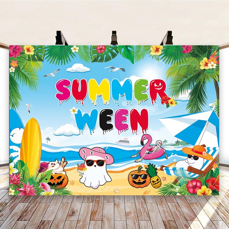 Happy Summerween Backdrop Spooky Skull Summer Beach Background