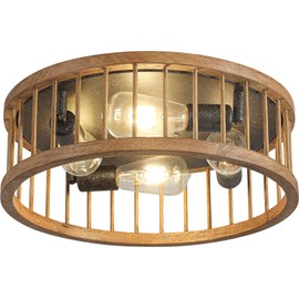 wochos Farmhouse Flush Mount Ceiling Light, 17 Inch 4-Light Metal and Wood Close to Ceiling Light Fixture, Rustic Drum Ceiling Lighting for Kitchen, Bedroom, Living Room