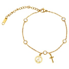 JATEBI 14K Gold Plated Bracelets for Women, Initial Cross Bracelet with Cubic Zircon, Adjustable Chain Bracelets Gifts for Valentines Day Birthday