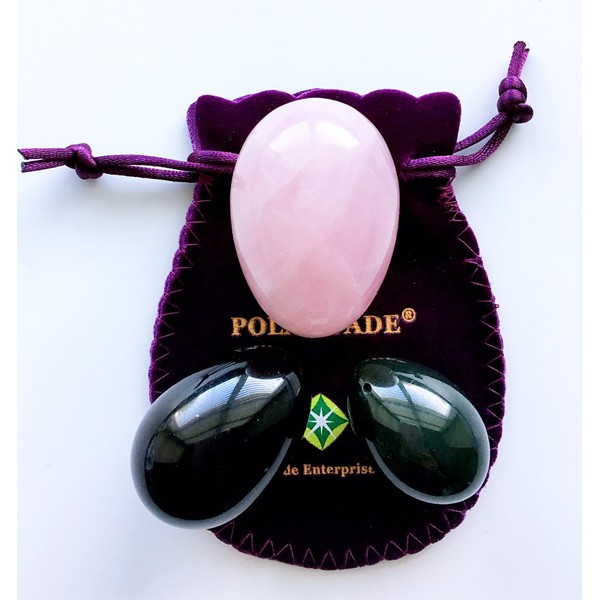 Polar Jade 3 Gemstones Yoni Eggs 3-pcs Set, Made of Rose Quartz, Obsidian and Nephrite Jade, Drilled, with One Box of Unwaxed String & User Instructions, L/M/S 3 Sizes for Training Yoni Love Muscles