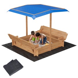 Wood Sandbox with Lid and Canopy, Spacious Outdoor Play Area with Foldable Bench Seats Adjustable Canopy for Kids Ages 3-8, Sand Pit with Cover Bottom Liner for Backyard Garden Beach