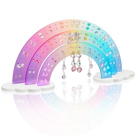 NiHome 3-Tier Gradient Color Acrylic Rainbow Earring Organizer, 14" W x 6.3" H Lightweight and Durable Design 140 Holes for 70 Pairs, Unique Front Row for Special Earrings (Macaron Gradient)