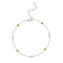 E 925 Sterling Silver Ankle Bracelet for Women, Dainty Cubic Zirconia Pearl Beaded Adjustable Anklet for Beach Party (08 - Simulated Peridot - August)