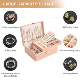 EASYLEE Jewelry Box Organizer, 2 Layers Jewelry Storage Case Lockable, PU Leather & Soft Lined Jewellery Holder for Necklace Earrings Rings Bracelets, Gift for Girlfriend Wife Women Lady Girl (Pink)