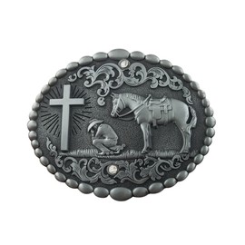 QUKE American Western Cowboy Texas Retro Celta Cross Caballo Jinete Religioso Hebilla de cinturón para hombre, Ellipse, Overall