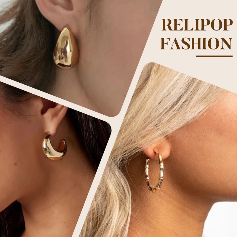 Relipop 6 Pairs Gold Hoop Earrings for Women, Lightweight Chunky