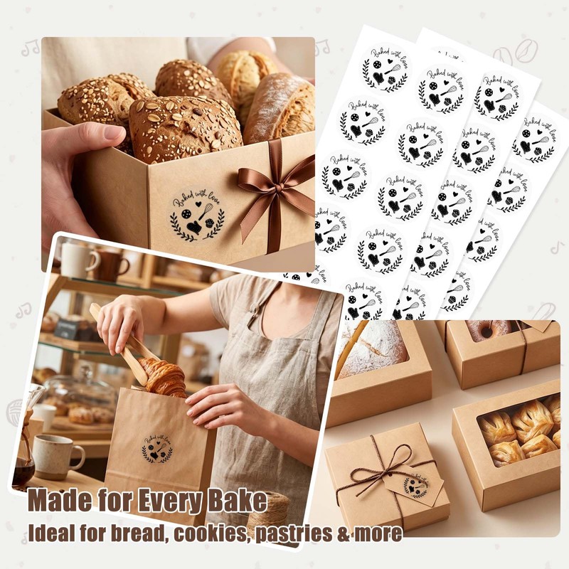 100 Pack Baked with Love Stickers, Clear Black Foil Bakery