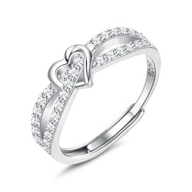 MILACOLATO 925 Sterling Silver Heart CZ Ring for Women, Adjustable Silver Engagement and Wedding Ring, Stackable Double Row Design with Platinum Plating