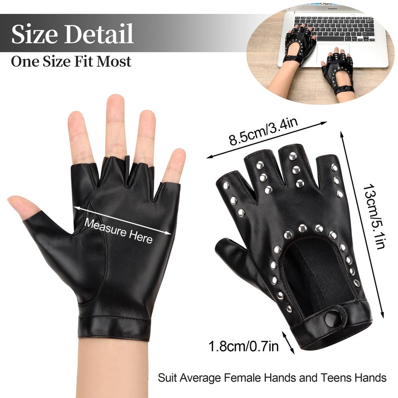Newellsail 2 Pairs Punk Gloves Fingerless Women PU Leather Half