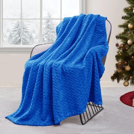 Exclusivo Mezcla Large Flannel Fleece Throw Blanket, 127x178 CM Sofa Throws, Soft Jacquard Weave Leaves Pattern Throws for Sofa, Cobalt Blue Blanket