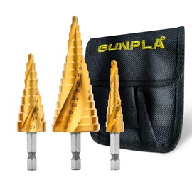 Gunpla 3 Piece HSS Spiral Step Drill Bits Set, Titanium Coated Hex Shank Drilling Bit Kit for Wood, Stainless Steel, Iron Plate, Aluminum, PVC Board 4mm to 32mm