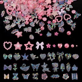 Nail Art Decoration, 400 Pieces Nails Rhinestones 3D Nail Art Charms, Heart Bear Butterfly Bow Nail Jewellery for Girls Women DIY Nail Decoration (Pink)