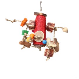 Natural Parrot Chew Toy Swing - Loofah, Wood Blocks, Coconut Shell & Fruit | Bird Enrichment Activity for Biting, Climbing, Beak Health | Small to Large Birds
