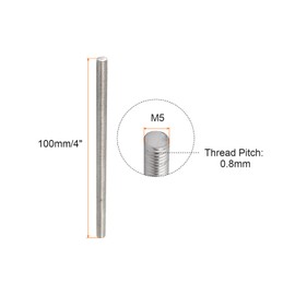 Rebower Fully Threaded Rod 304 Stainless Steel Rod Bar Studs, [for Clamps and U-Bolts] - M5 x 100mm Male Threaded /Silver/5Pack