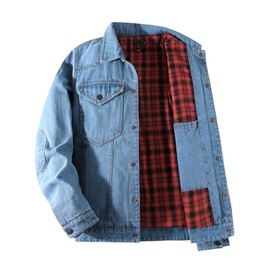 Mr.Stream Men's Snap Jean Jacket Western Cowboy Plaid Flannel Lined Work Denim Trucker Jackets 3270 Light Blue L