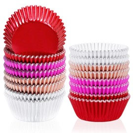 Quera 200 Pcs Valentine's Day Cupcake Liners Foil Red Silver Rose Gold Purple Paper Patterned Cupcake Liners Baking Cup Disposable Paper Cupcake Wrappers Valentine's Day Birthday Party​ 4-Color