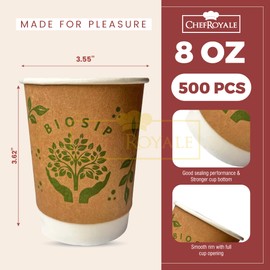CHEF ROYALE 500 x 8oz Disposable Paper Coffee Cups with Lids Paper Cups for Hot & Cold Drinks Party Decor Cups for Your Home,Office (500, 8oz)