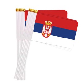 25 Packs Small Serbia Flags on Handheld Stick，Miniature Serbian Flag for Outside,4x6 Inch Mini Hand Held Banner with Golden Topper,Patriotic Decorations