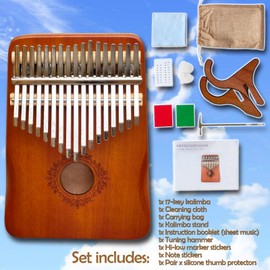 Kalimba Thumb Piano 17 Keys, Portable Mbira Finger Piano Set with Stand Tune Hammer Songbook etc. Music Instrument for Adults Beginners