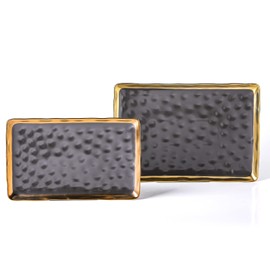 Stone Lain Florian Porcelain Large and Medium Rectangle Service Platters, Black with Gold Rim