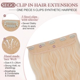 SEGO 24 Inch One Piece Clip In Hair Extensions Long Wavy Synthetic Clip In Hairpiece With 5 Secure Clips, Golden Blonde