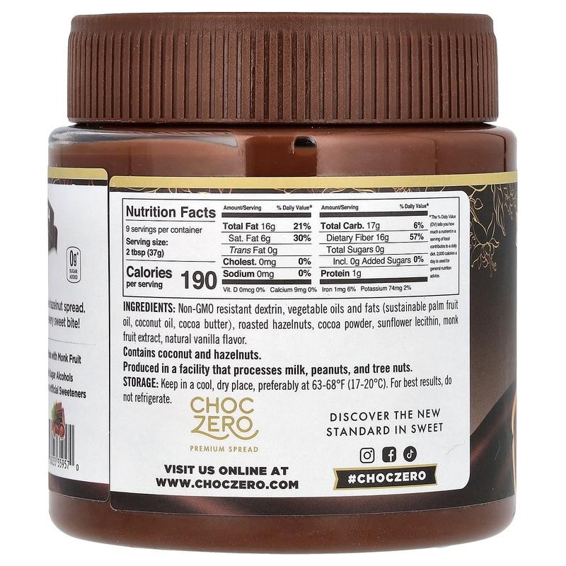 ChocZero Dark Cocoa Hazelnut Spread, 12 oz (340 g)