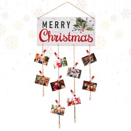 Christmas Card Holder Wooden Merry Christmas Wall Hanging Picture Holders with 30 Snowflake Wooden Clips Picture Holder for Holiday Décor - Rustic Home Office Wall Decor (White)