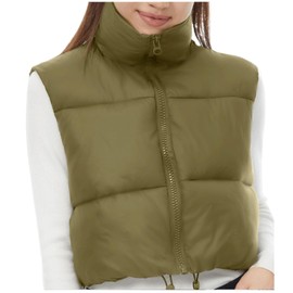 XIKUKA Cropped Puffer Vest for Women Stand Collar Lightweight Sleeveless Winter Warm Outerwear Padded Gilet Armygreen M