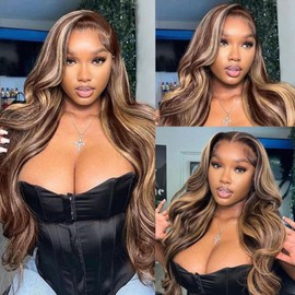 Smavida 13x4 Highlight Ombre Lace Frontal Wigs Human Hair 4/27 Honey Blonde Body Wave Glueless HD Transparent Lace Frontal Wigs for Black Women Pre Plucked with Baby Hair 22 Inch 180% Density