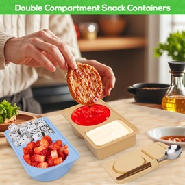 AIERSA Reusable Snack Containers with Lids, 2 Pack Silicone Double/2 Compartment Snack Box Container, Divided Grab and Go Snack Container for Take-out Condiments, Sauce
