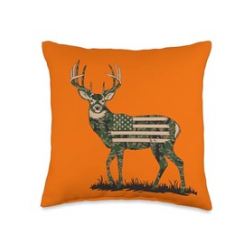 Orange Camo Deer American Flag Hunting Men Dad Deer Hunter Throw Pillow