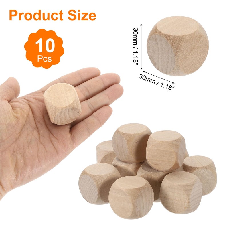 sourcing map 10 Pcs Blank Wooden Dice, 30mm/1.18inch Unfinished Wooden