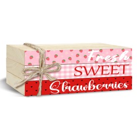 3 Pcs Sweet Strawberries Decorative Books for Home Decor, Mini Faux Books Decoration, Summer Flamingo Wooden Book Tiered Tray Decor, Stacked Book for Decorating Living Room Bookshelf Fireplace（C009）
