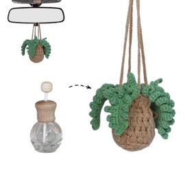 Crochet Hanging Plant Car Air Freshener，10ml Empty Refillable Car Diffuser Bottle with Potted Plants Car Mirror Hanging Accessories Car Air Hanging Fragrance Oil Diffuser, Car Diffuser Bottle (Fern)