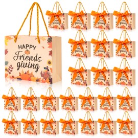 H1vojoxo Friendsgiving Party Gift Bags - 25pcs Friendsgiving Orange Gift Bags with Handles 7.5x2.8x5.9'' Thanksgiving Goodies Candy Bag with Bow Ribbon for Friend Guest Thanksgiving Party Favor Bag