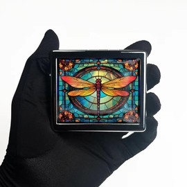 HowGuu 7 Days Chromed Shiny Silver Pill Organizer with Mirror Inside Has 8 Separate Compartments Rectangle 7 Days Pill Box Pill Case (Dragonfly Stained Glass)